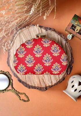 Red Fabric Floral Printed Box Clutch