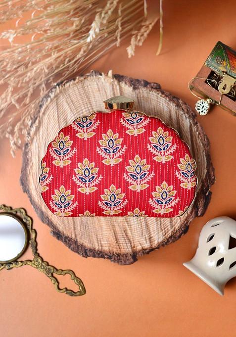 Red Fabric Floral Printed Box Clutch