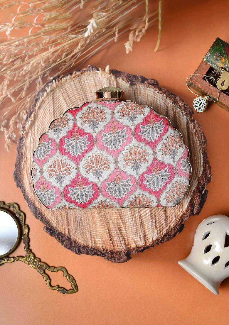 Pink Fabric Floral Printed Box Clutch - Indya