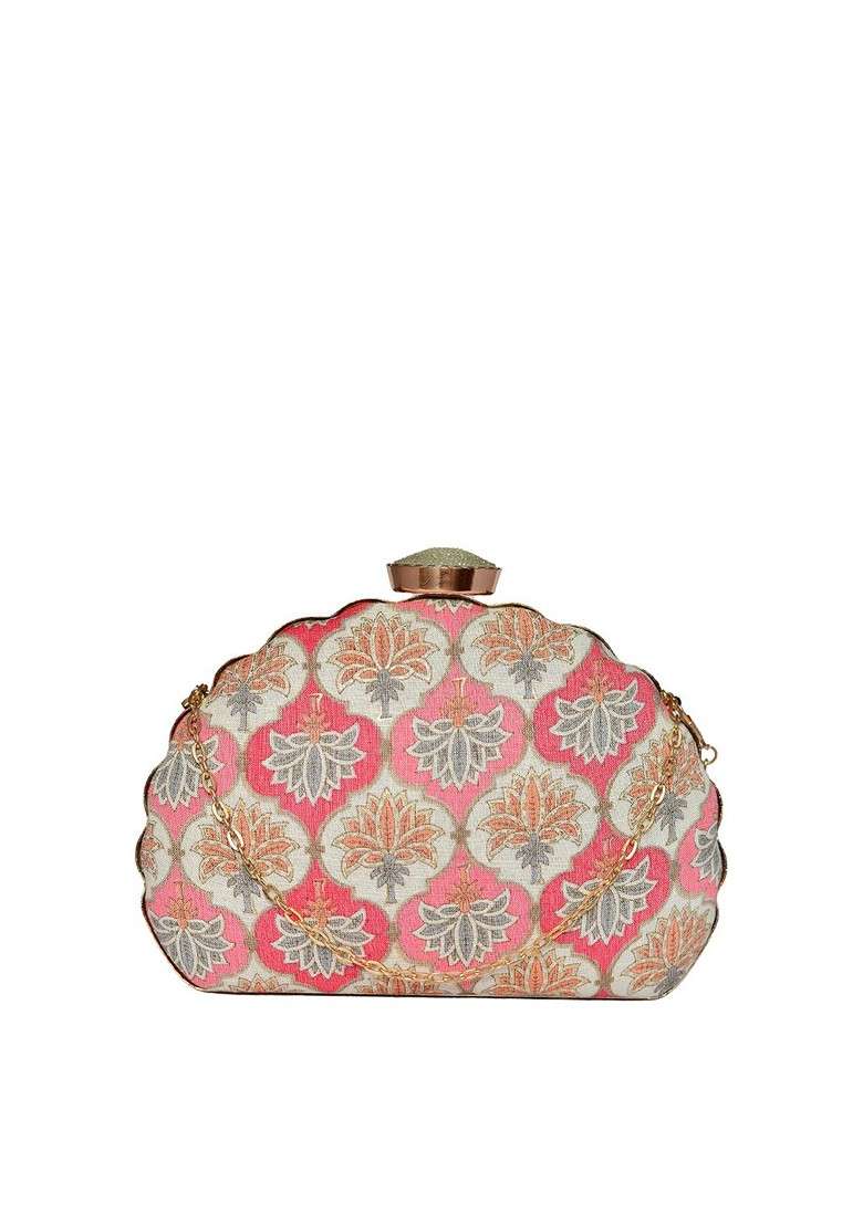 Pink Fabric Floral Printed Box Clutch - Indya