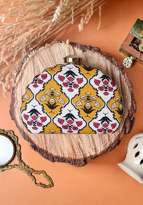 Yellow Fabric Floral Printed Box Clutch