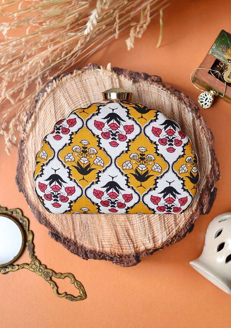 Yellow Fabric Floral Printed Box Clutch - Indya