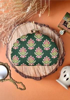 Green Fabric Floral Printed Box Clutch