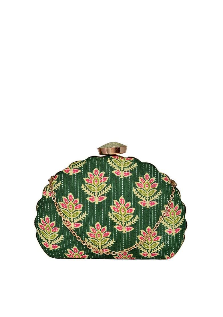 Green Fabric Floral Printed Box Clutch - Indya