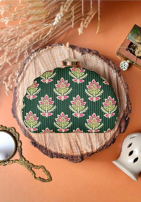 Green Fabric Floral Printed Box Clutch