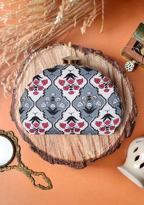 Grey Fabric Floral Printed Box Clutch
