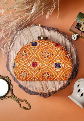 Yellow Fabric Ethnic Motif Printed Box Clutch