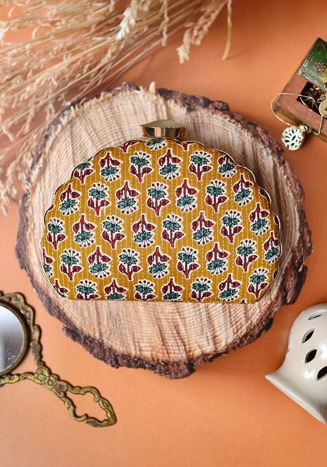 Yellow Fabric Floral Printed Box Clutch