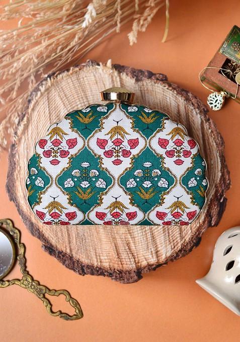 Green Fabric Floral Printed Box Clutch