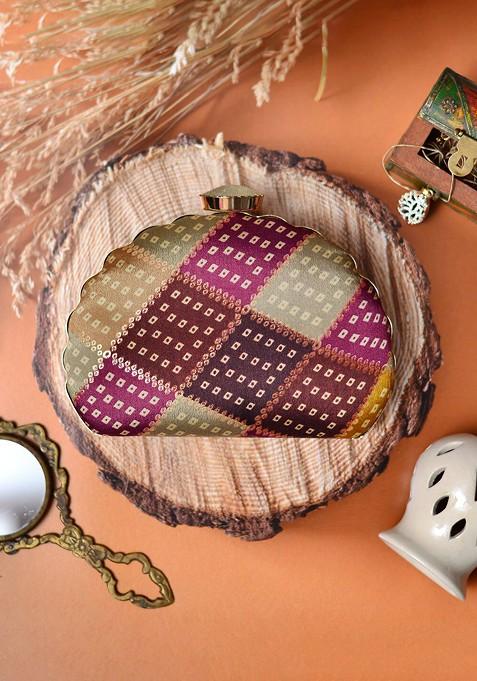 Gold Fabric Printed Half Moon Clutch