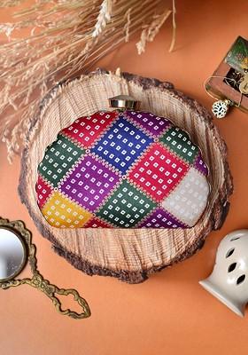 Purple Fabric Printed Half Moon Clutch