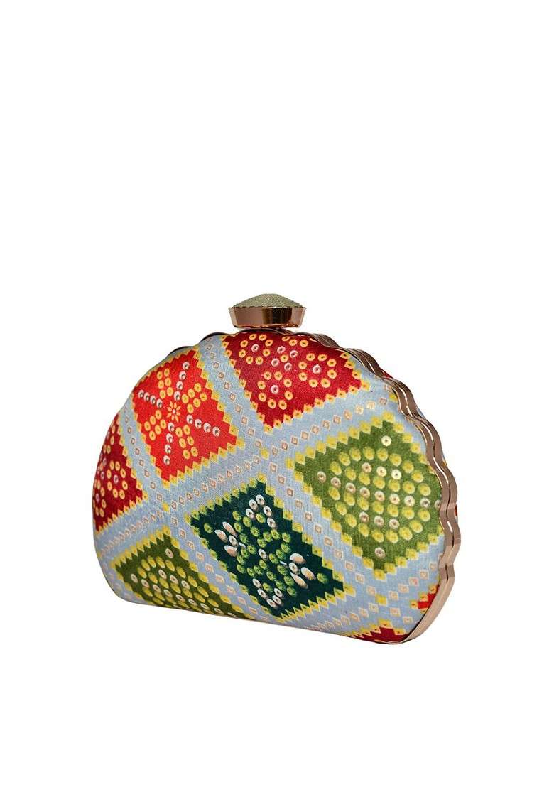 Grey Fabric Printed Half Moon Clutch - Indya