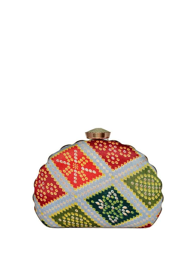 Grey Fabric Printed Half Moon Clutch - Indya