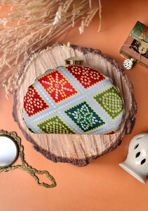 Grey Fabric Printed Half Moon Clutch