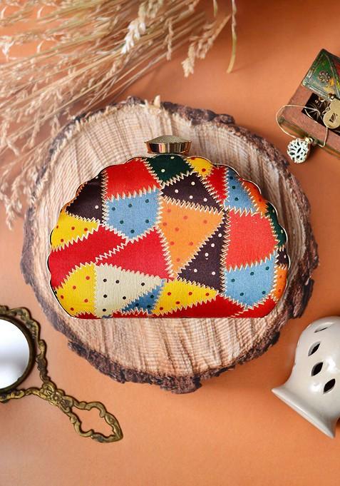 Gold Fabric Printed Half Moon Clutch