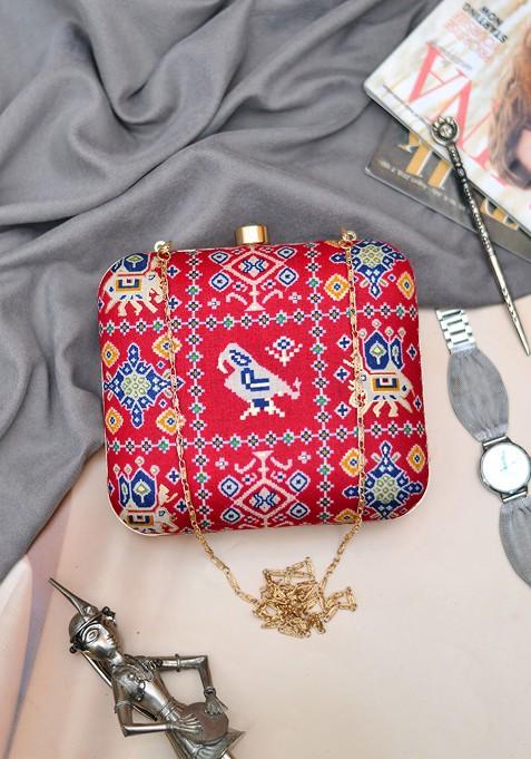 Magenta Fabric Printed Box Clutch