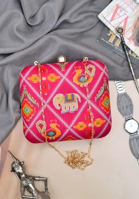Pink Fabric Printed Box Clutch