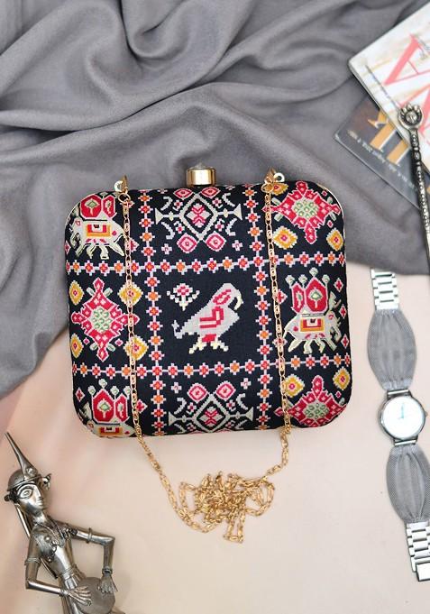 Black Fabric Women Printed Fabric Box Clutch