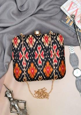 Black Fabric Women Printed Fabric Box Clutch