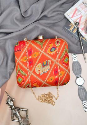 Orange Fabric Women Printed Fabric Box Clutch