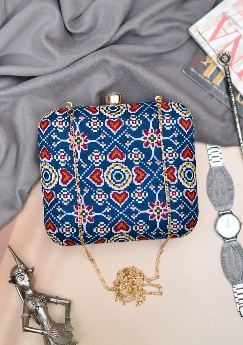 Navy Blue Fabric Women Printed Fabric Box Clutch - Indya