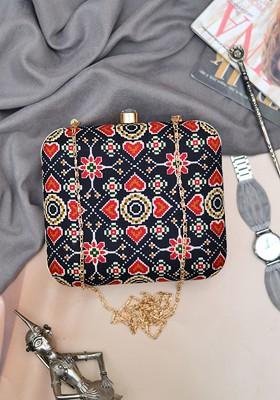 Black Fabric Women Printed Fabric Box Clutch