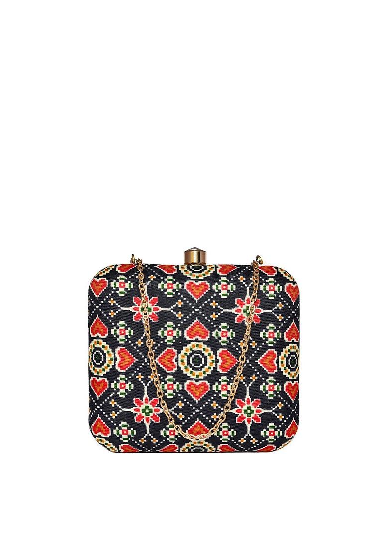 Black Fabric Women Printed Fabric Box Clutch - Indya