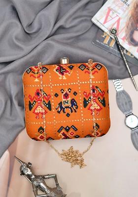 Orange Fabric Women Printed Fabric Box Clutch