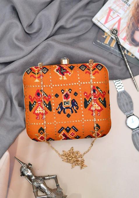 Orange Fabric Women Printed Fabric Box Clutch