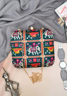 Green Fabric Women Printed Fabric Box Clutch