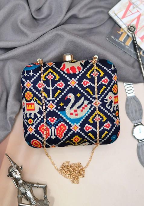 Navy Blue Fabric Women Printed Fabric Box Clutch