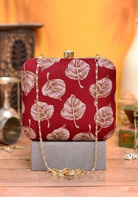 Maroon Fabric Women Printed Fabric Box Clutch