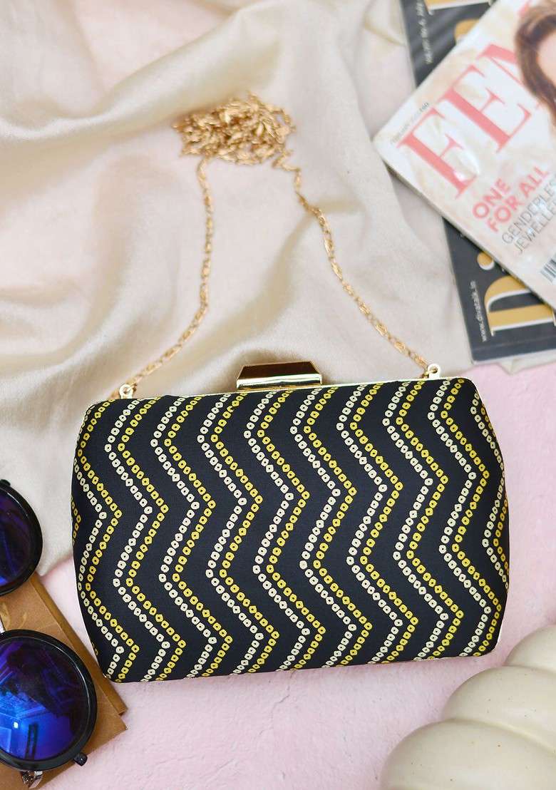 Black Fabric Women Printed Fabric Shoulder Strap Box Clutch - Indya