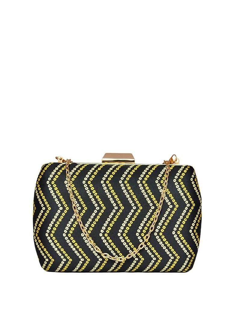 Black Fabric Women Printed Fabric Shoulder Strap Box Clutch - Indya