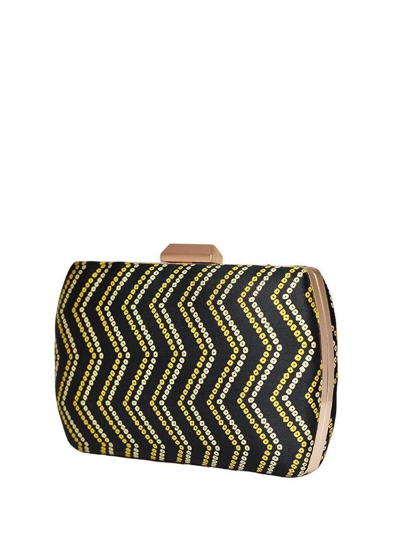 Black Fabric Women Printed Fabric Shoulder Strap Box Clutch - Indya