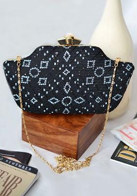 Black Satin Women Embroidered Fabric Box Clutch