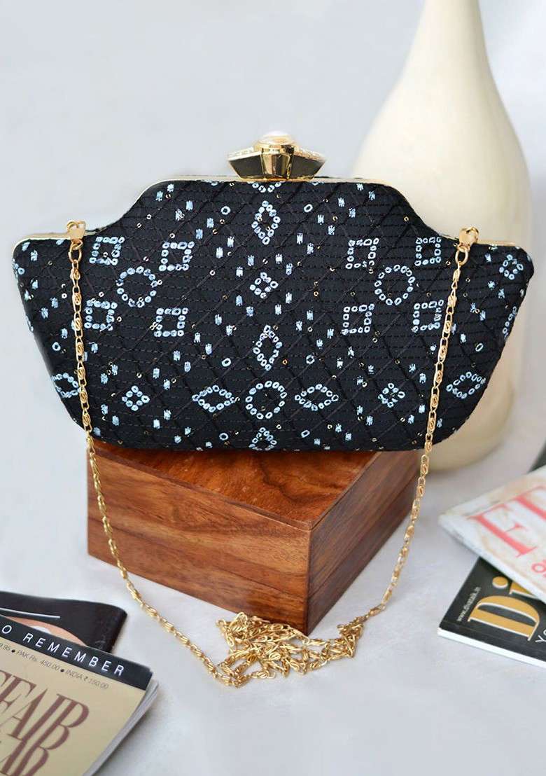 Black Satin Women Embroidered Fabric Box Clutch - Indya