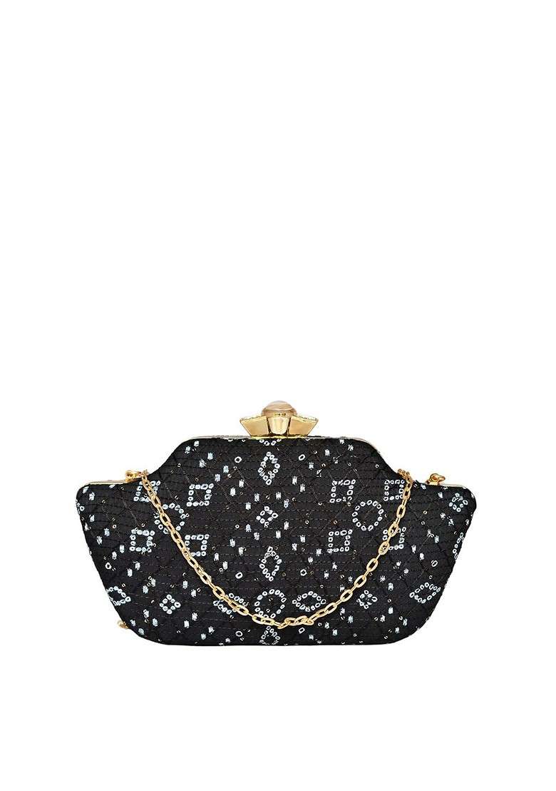 Black Satin Women Embroidered Fabric Box Clutch - Indya