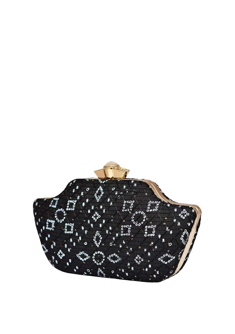 Black Satin Women Embroidered Fabric Box Clutch - Indya