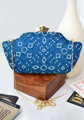 Turquoise Blue Satin Women Embroidered Fabric Box Clutch