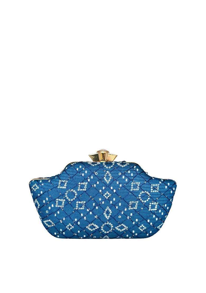Turquoise Blue Satin Women Embroidered Fabric Box Clutch - Indya