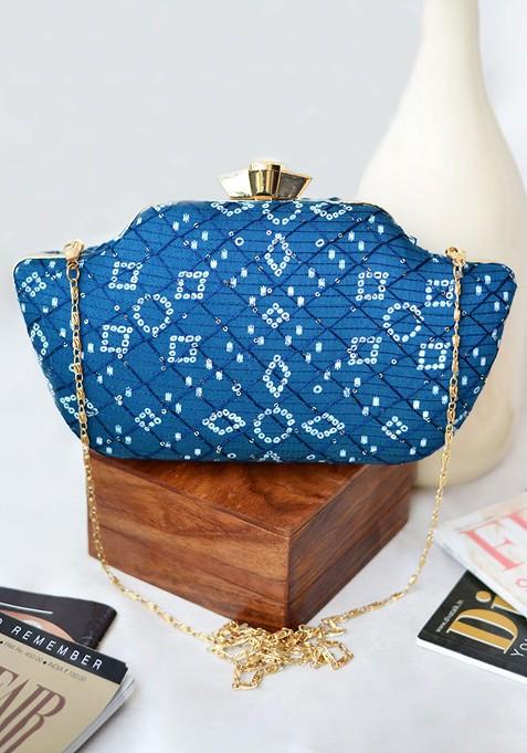 Turquoise Blue Satin Women Embroidered Fabric Box Clutch