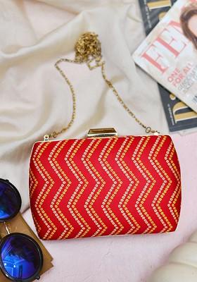Red Fabric Women Printed Fabric Shoulder Strap Box Clutch
