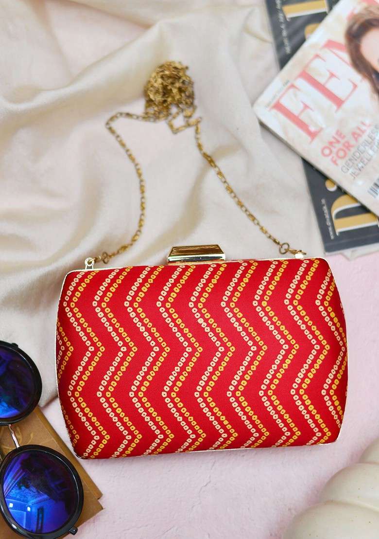 Red Fabric Women Printed Fabric Shoulder Strap Box Clutch - Indya