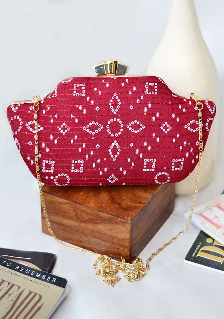 Red Satin Women Embroidered Fabric Box Clutch - Indya