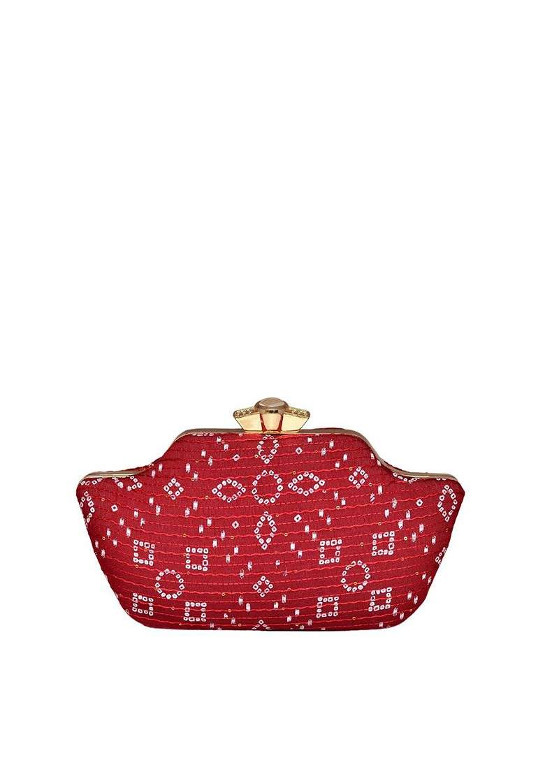Red Satin Women Embroidered Fabric Box Clutch - Indya