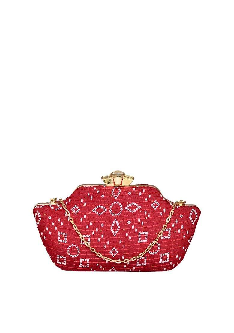 Red Satin Women Embroidered Fabric Box Clutch - Indya