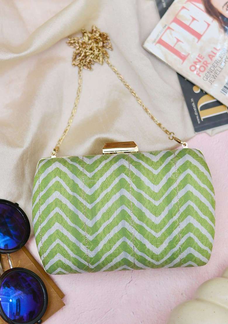 Green Satin Women Striped Fabric Shoulder Strap Box Clutch - Indya