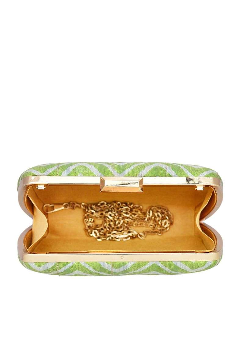 Green Satin Women Striped Fabric Shoulder Strap Box Clutch - Indya