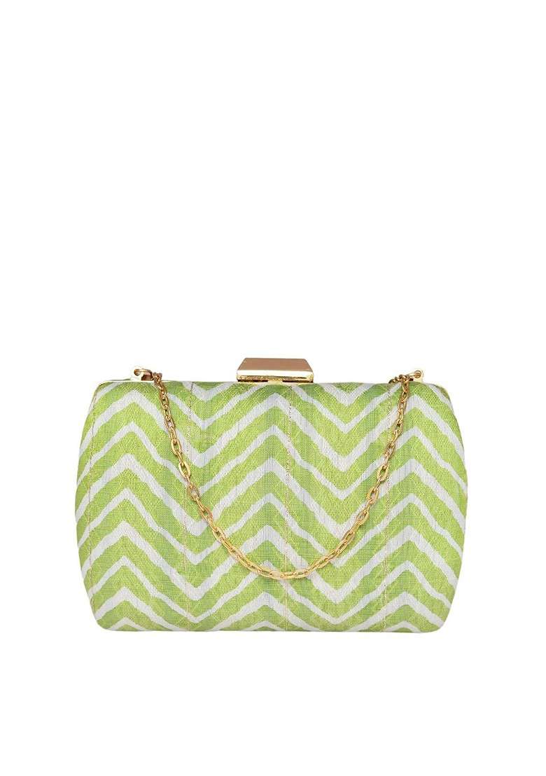 Green Satin Women Striped Fabric Shoulder Strap Box Clutch - Indya